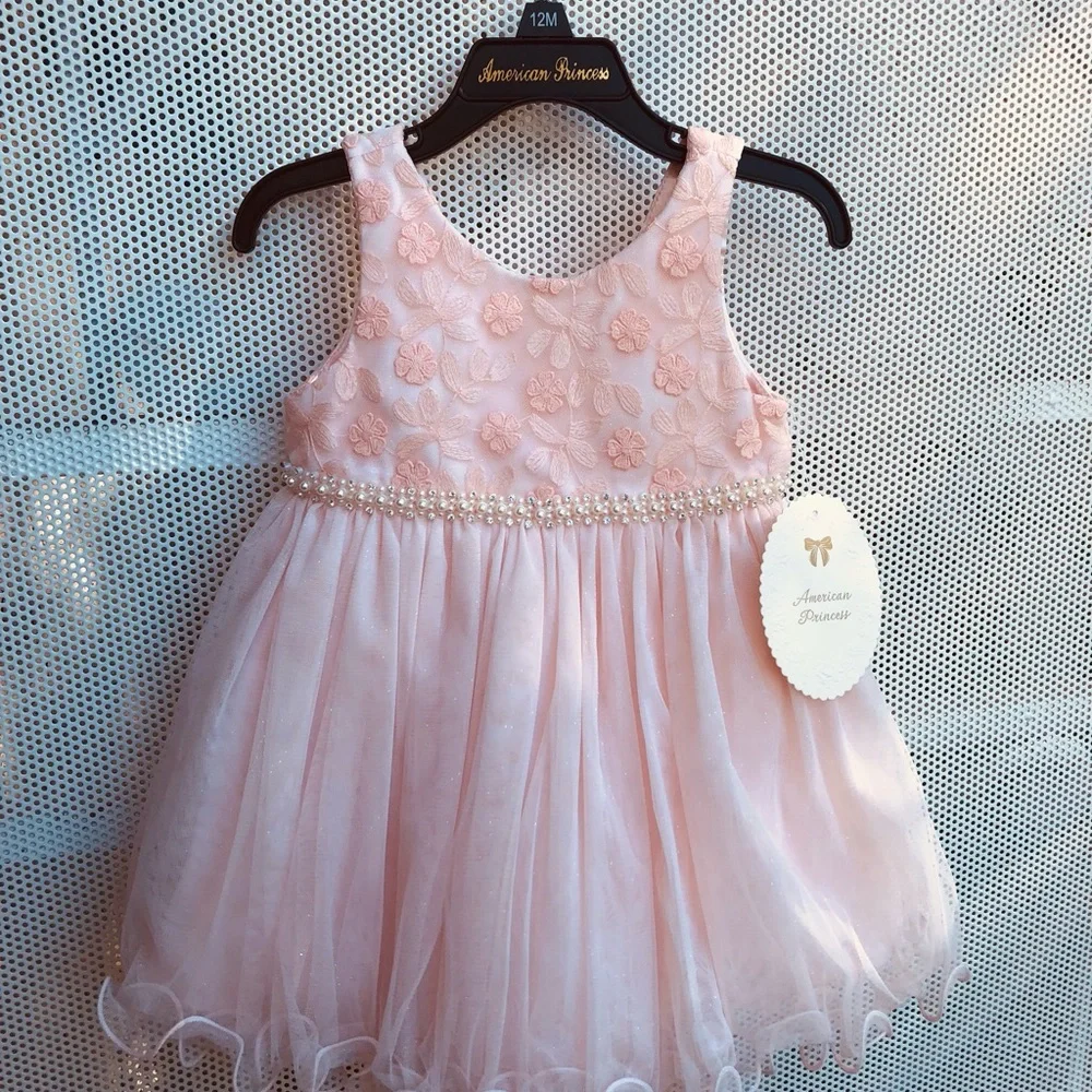American Princess Light Pink Floral Pearl-Trim Tulle Dress